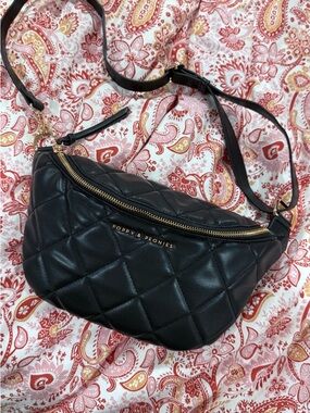 Poppy & Peonies Black Quilted Leather Crossbody Belt Bag